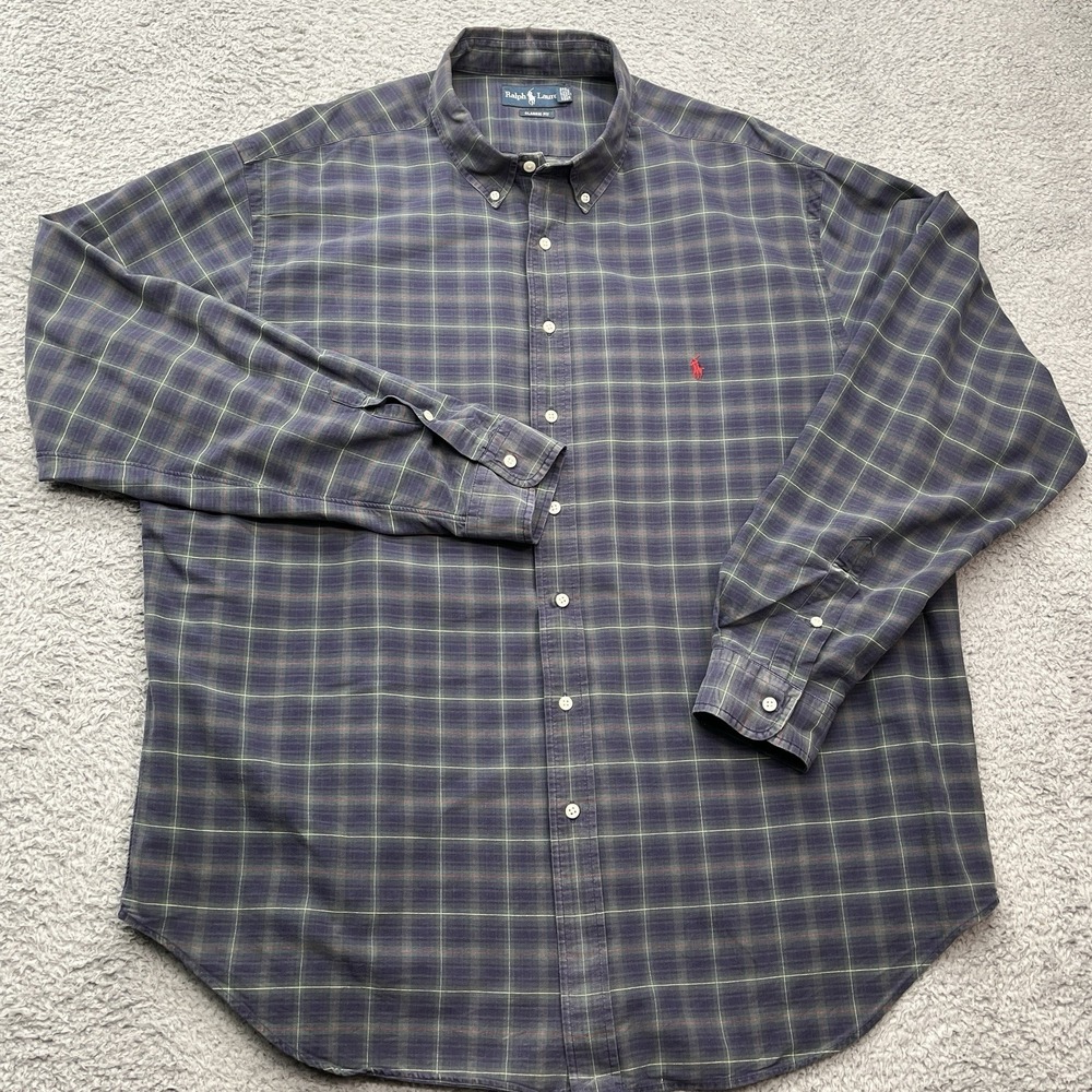 Polo Ralph Lauren Tartan Plaid Shirt Mens 2XLT Tall Classic Fit Blue Green